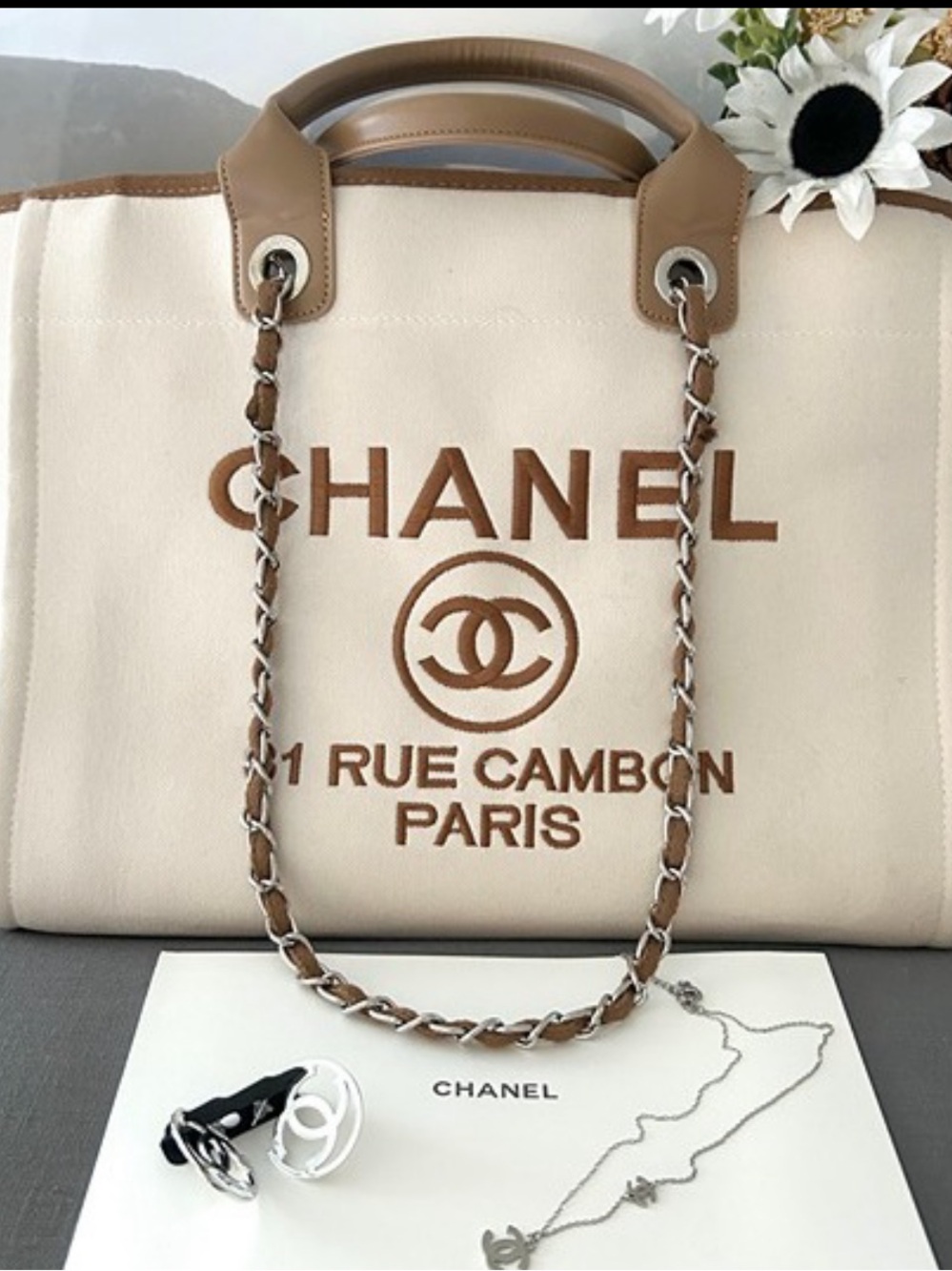 New CC novelty large beige canvas tote bag